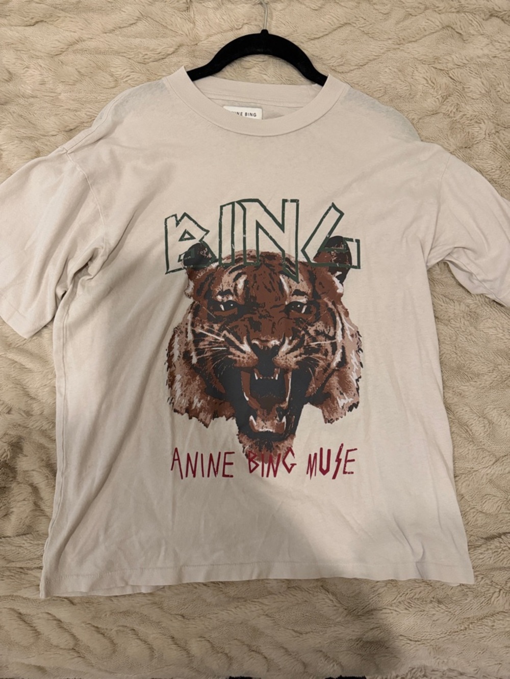 Anine Bing Women’s Cream Tee with Brown Tiger Graphic and Green Logo